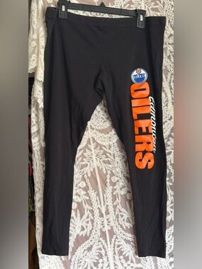 NHL Black Leggings with Orange Oilers Logo